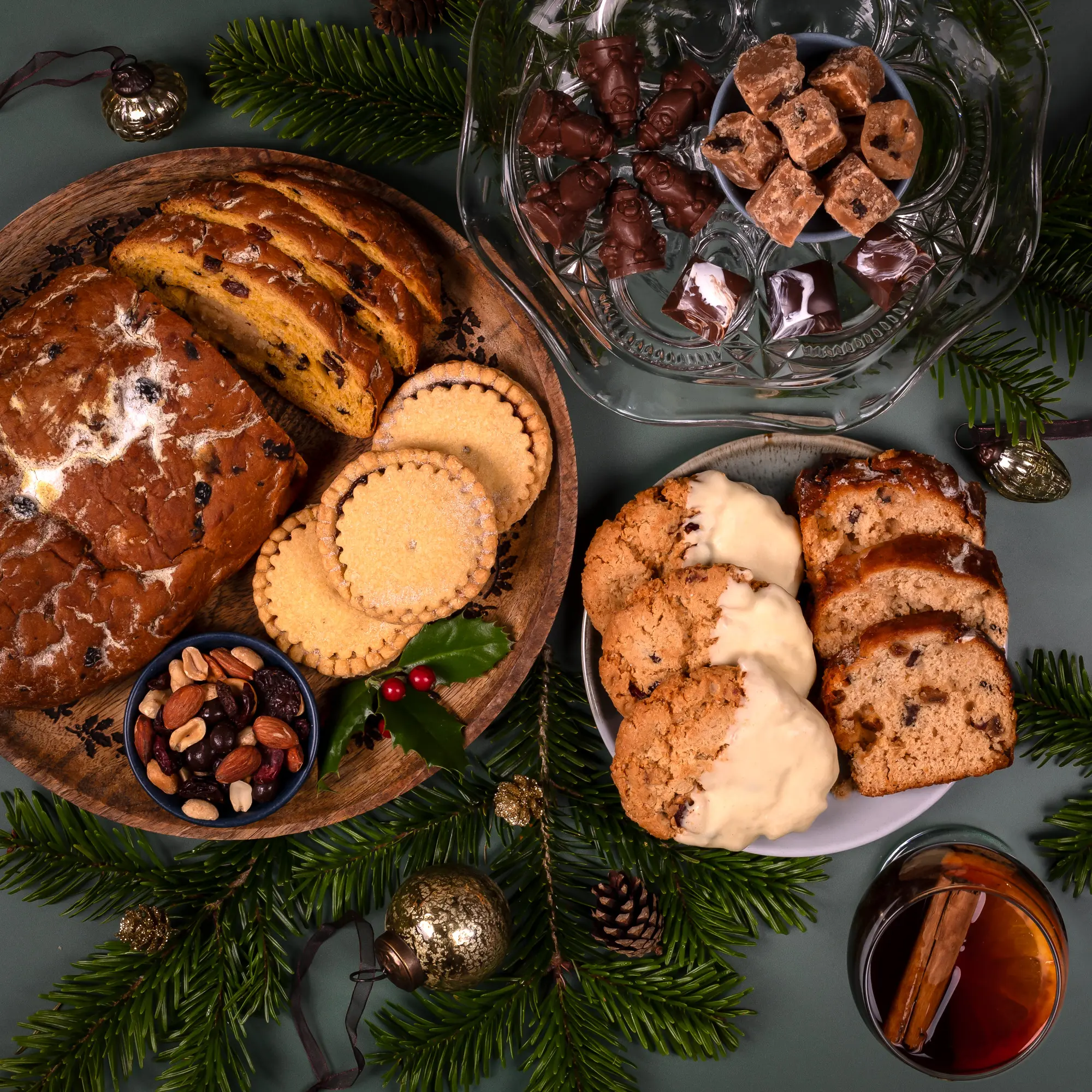 Christmas Celebration Gift Hamper with pies, biscuits, stollen, chocolate and fudge. Delicious treats for holiday bliss